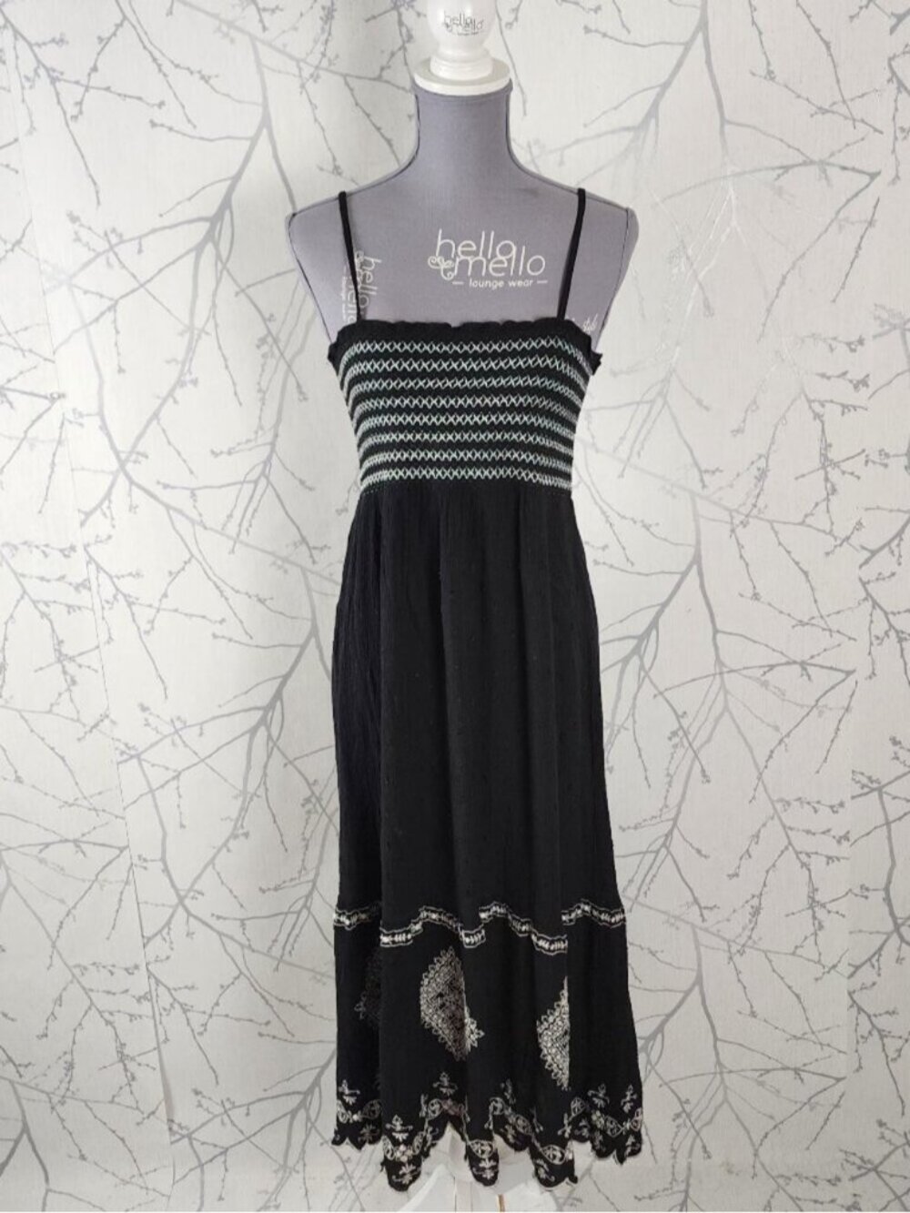 Room 34 Black White Embroidered Strappy Smocked Long Dress